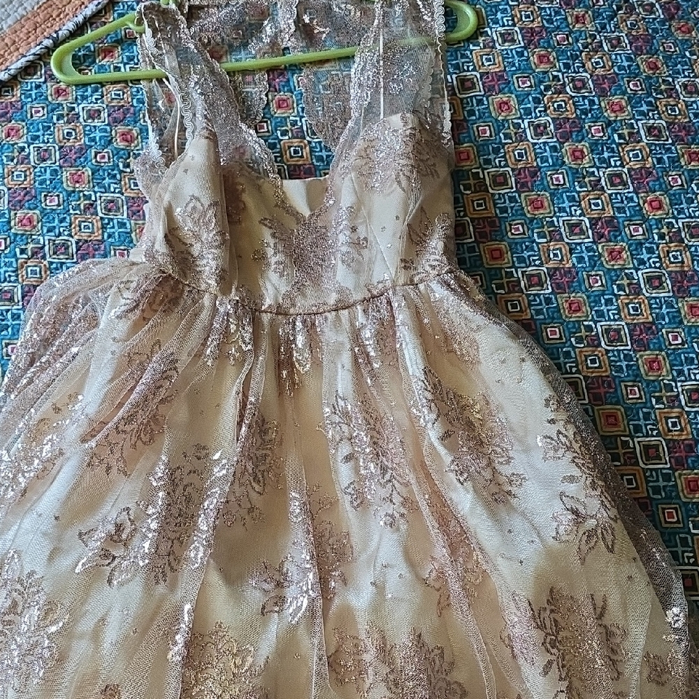 Sleeveless Floral Lace Midi Dress in Gold.  Bought through Anthropologie Wedding